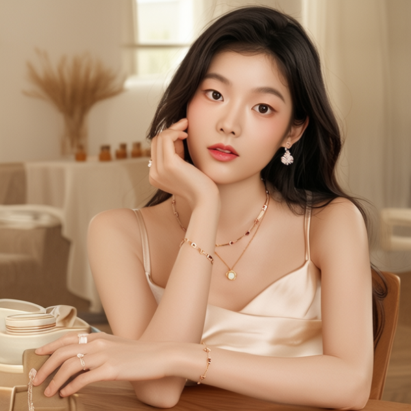 生活瞬间，美女，韩系美女，丝绸，美妆广告，家庭餐桌，4K超清，写实风格，温馨，柔和室内光，细腻皮肤，项链，耳环，手链。